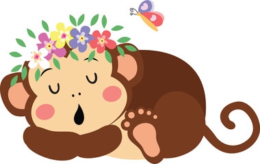 Cute monkey sleeping with wreath floral on head