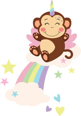Unicorn monkey on rainbow with clouds