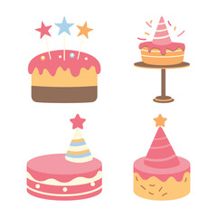 Cute Pastel Children Birthday Cake with Decoration Vector Illustration Set