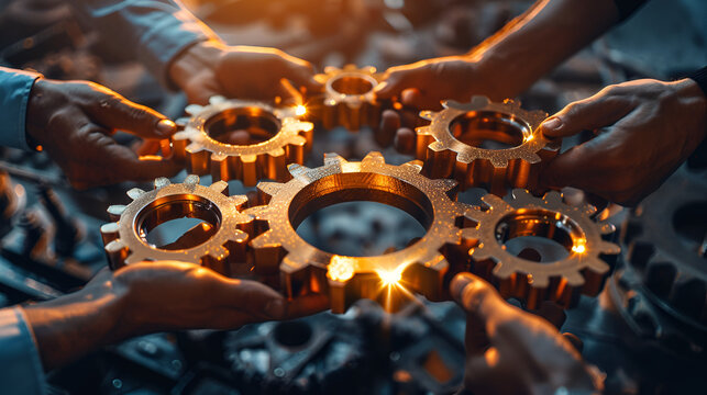 Four hands of businessmen collect gear from the gears. Generative AI