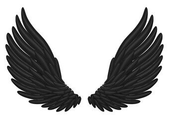 3d realistic detailed black angel wings.  Stock vector illustration on isolated background.