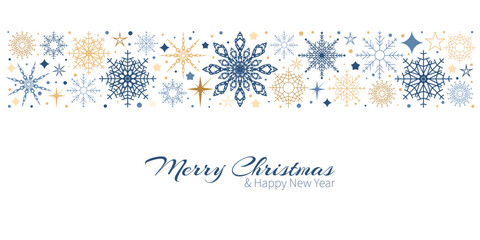 Fototapeta premium Christmas snowflake border with greetings. Holiday card with snowflakes