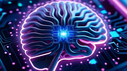 A futuristic digital brain illuminated with vibrant hues of purple and blue. Concepts of AI, machine learning, neuroscience, and futuristic technology. - Powered by Adobe