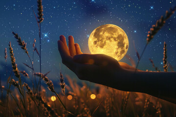 The moon is in the hands of a man. astrology, how the position of the moon affects life. zodiac signs