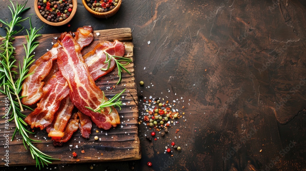 Poster top view of bacon on rustic table with copy space