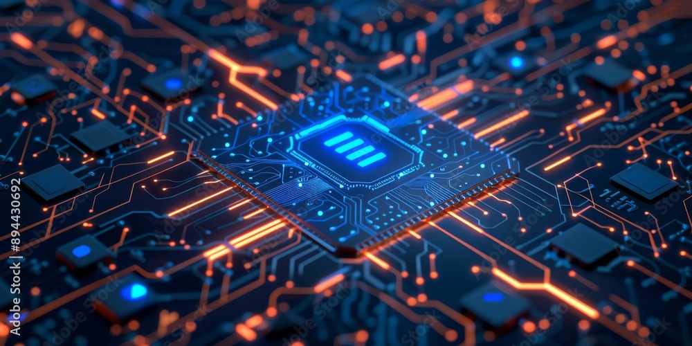 Poster an advanced microchip is placed on a circuit board with illuminated lights symbolizing hightech elec