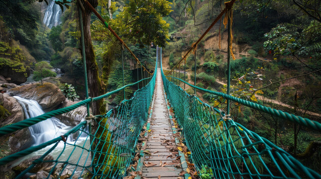 Fototapeta A hanging rope bridge stretches over the cascading waterfall at Panchpula, Dalhousie, Himachal Pradesh, India. This adventurous activity is designed for kids and teenagers. The photograph captures the