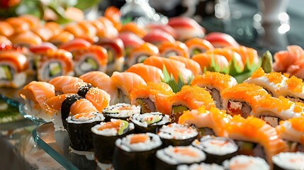 Buffet table with assorted sushi and rolls decorated img