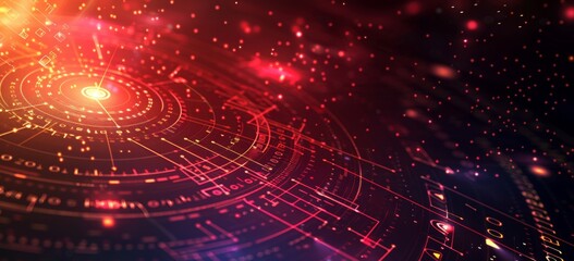 Obraz premium An abstract digital interface with vibrant red and orange circuitry against a cosmic background, glowing brightly