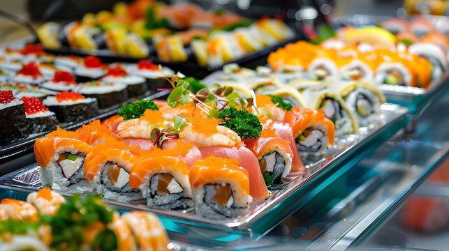 Buffet table with assorted sushi and rolls decorated picture
