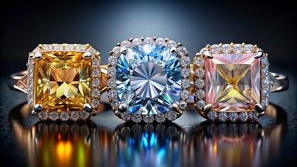 Exquisite trio of diamonds varying in cut and color, radiating brilliance and luxury, showcasing nature's most precious gemstone treasures majestically.