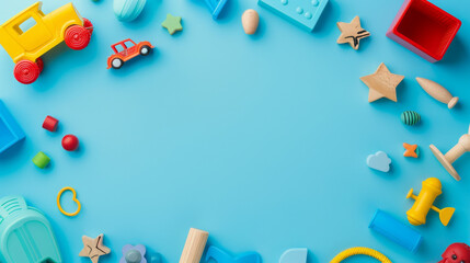 Plastic and wooden kids toys arranged in a frame on a light blue background with blank space for text. Kids toys background banner, panorama. Top view, flat lay.