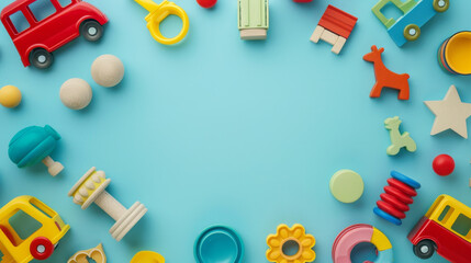 Plastic and wooden kids toys arranged in a frame on a light blue background with blank space for...