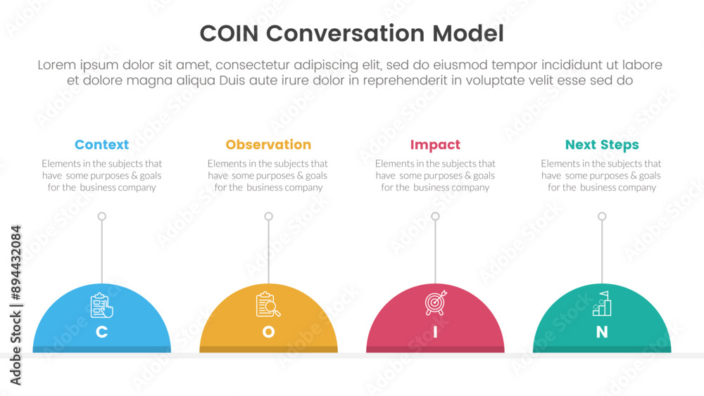 Poster coin conversation model infographic 4 point stage template with half circle and line description for