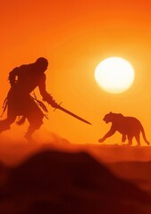 Warrior facing wild animal at sunset in the desert