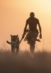 Naklejka premium Feline and warrior walking harmoniously at dawn