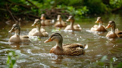Fototapeta premium Ducks swimming in a pond on a farm img