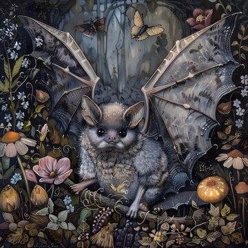 Flying bat hunting in forest