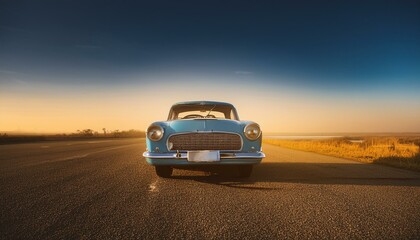 blue classic car facing the camera, minimalist, deadpan, banal, cool, clinical, urban, iconic, conceptual, subversive, sparse, restrained, symbol