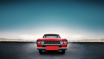 red classic car facing the camera, minimalist, deadpan, banal, cool, clinical, urban, iconic, conceptual, subversive, sparse, restrained, symbol