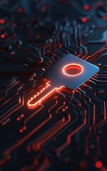 Fototapeta premium A glowing key on a circuit board representing cybersecurity, encryption, and digital security. High-tech concept for secure data access.