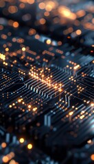 Close-up of a glowing abstract circuit board with bright lights and intricate details, showcasing futuristic technology and innovation.