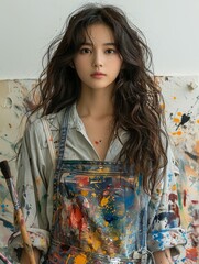 girl as an artist, wearing a paint-splattered apron