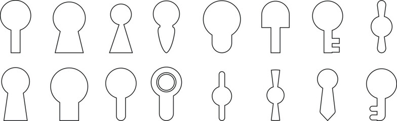 Keyhole icon set. premium door key hole. Shape of lock of door. Pictogram Logo design template for home and entrance. Mysterious silhouette door lock. Vector icons, isolated on transparent background,