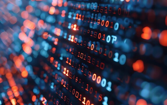 Close-up of abstract glowing binary code background. Digital data, technology, and programming concept with red and blue numbers.