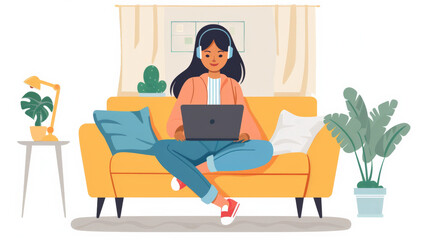A cheerful Indian teen girl with headphones, enjoying a movie on her laptop while lounging on a modern couch.