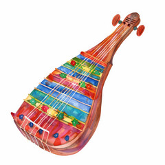 A colorful watercolor illustration of a dulcimer, showcasing a mix of bright and dynamic colors, isolated on white background.