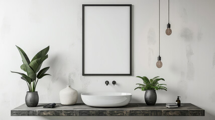 An empty poster frame in a modern bathroom, above a floating vanity with a vessel sink, and stylish black fixtures.