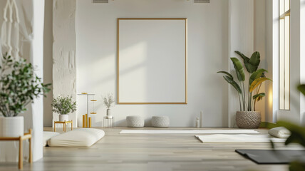 An empty poster frame on a clean white wall in a yoga studio, with mats neatly arranged, soft lighting, and calming dÃ©cor elements.