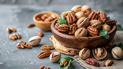 Fototapeta premium Assortment of Nuts in a Wooden Bowl