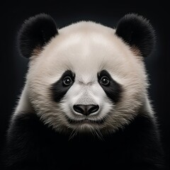 Obraz premium Close-up of a young giant panda cub with fluffy fur and captivating black eyes, exuding wonder and innocence against a dark backdrop. Ideal for wildlife photography enthusiasts.