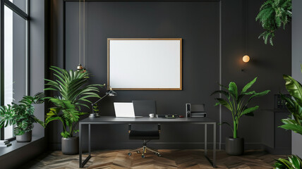 Fototapeta premium A stylish office with an empty poster frame on a dark gray wall, complemented by contemporary furnishings and a large desk with a laptop and plants.