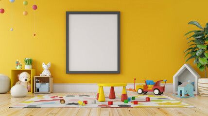 An empty poster frame on a bright yellow wall in a playful kids' room, with colorful furniture, toys scattered around, and a whimsical rug.