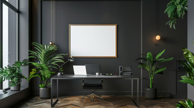 A stylish office with an empty poster frame on a dark gray wall, complemented by contemporary furnishings and a large desk with a laptop and plants.