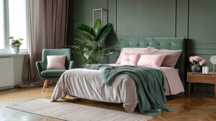 Green chair beside large bed with pink and gray sheets in a warm, wood-accented bedroom