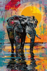 Fototapeta premium Vibrant Elephant with Abstract Sun Background Art.