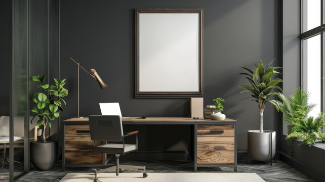 A stylish office with an empty poster frame on a dark gray wall, complemented by contemporary furnishings and a large desk with a laptop and plants.