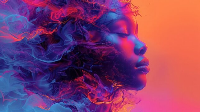 Abstract portrait of a woman with colorful smoke swirling around her face. For artwork of  leaflet, and poster design, wall art space,  website, and media decor. Commercial use, 300 dpi