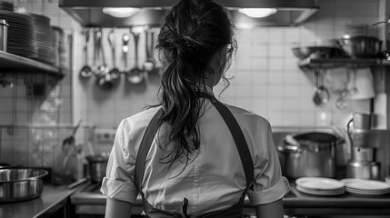 Rear view of a female chef in a kitchen, standing in front of a stove, Black & White cinematic. For artwork of leaflet, and poster design, wall art space,  website, and media decor. Commercial use, 