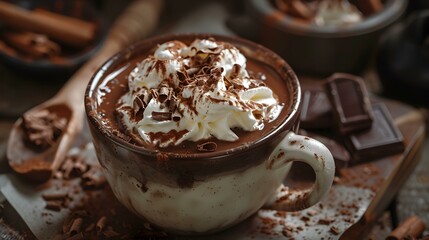 Chocolate poured into a ceramic cup with whipped picture