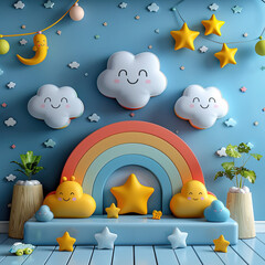 Step stage podium with colorful saturns and rocket on pastel blue background. Pedestal for kid product presentation. Geometric 3D render