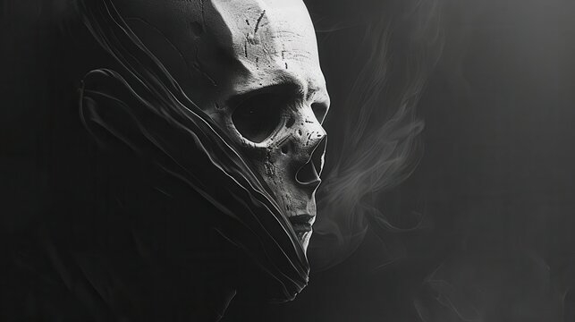 A skeletal face with a dark and mysterious background. Halloween scary screen for artwork of leaflet, and poster design, art space,  website, and media decor. Commercial use, 300 dpi