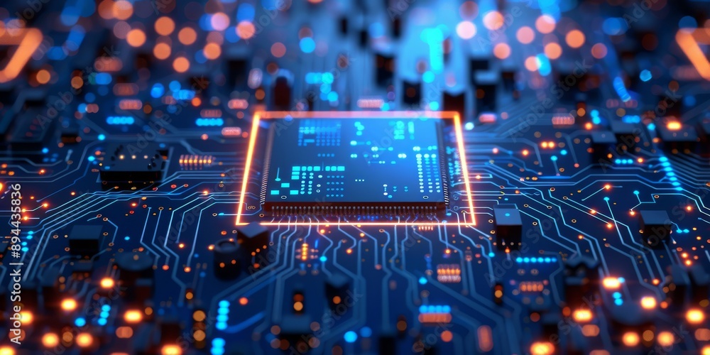 Poster an advanced microchip is placed on a circuit board with illuminated lights symbolizing hightech elec
