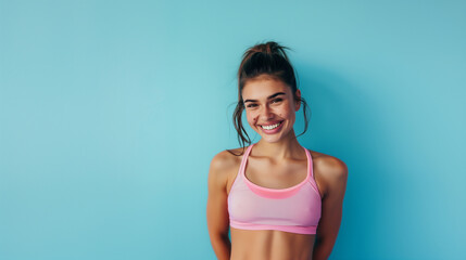 Obraz premium Fit woman isolated on blue background. Woman from fitness industry wearing blue and pink sport wear. Empty space for advertising