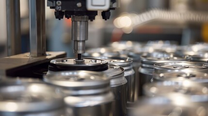 A close-up of a machine sealing lids on cans in a food processing plant