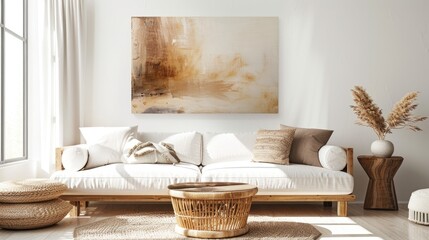 Artistic sunlight shadows on neutral wall with abstract painting. Elegant, bright living room design with cozy sofa, pillows, and straw rug